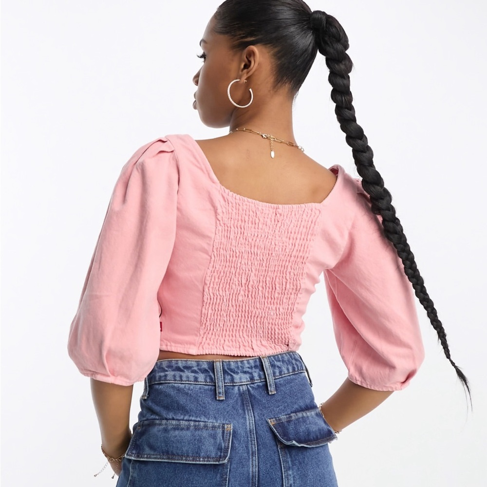 Levi's Pink Denim Crop Top with Puff Sleeves